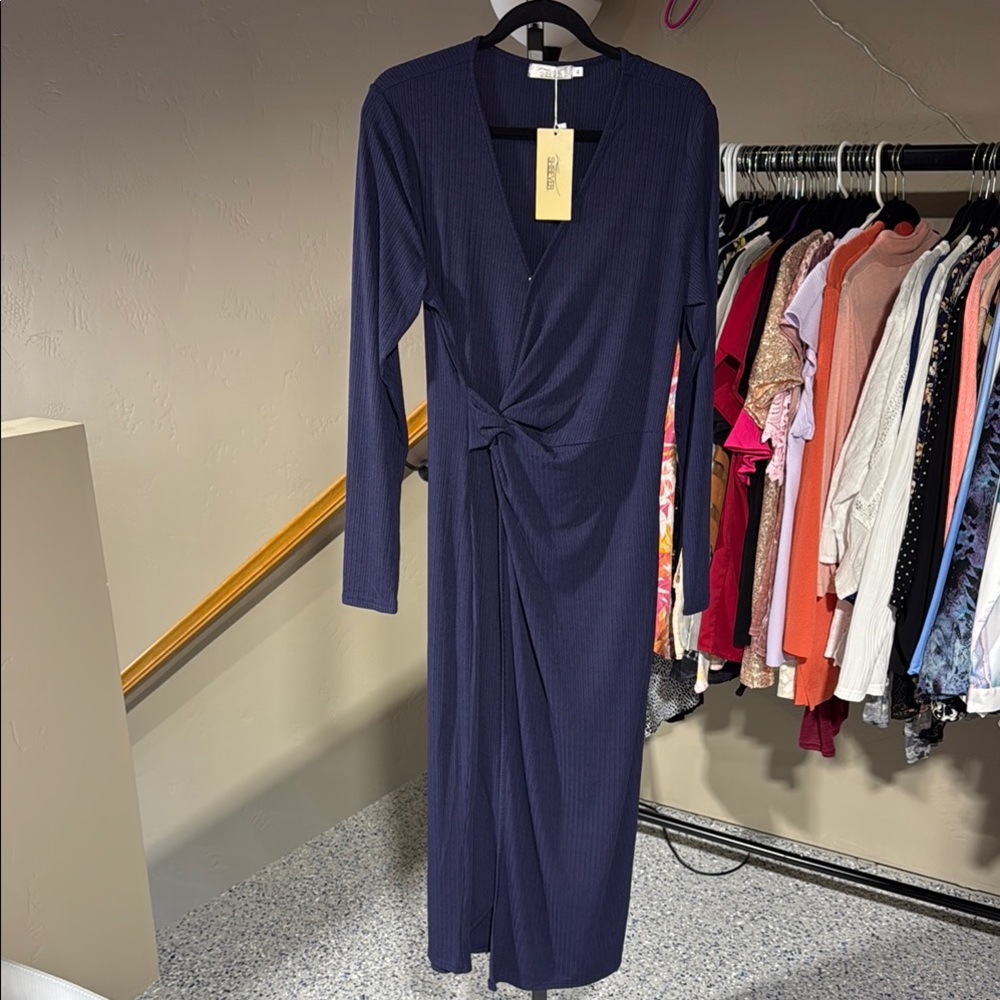 Shibever Blue Long Sleeve V-Neck Dress with Faux Wrap Waist
